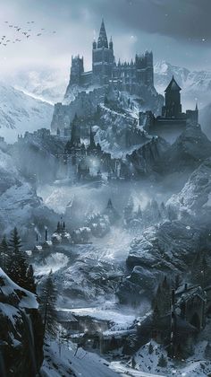 a castle in the middle of a snowy mountain with birds flying over it and snow covered ground