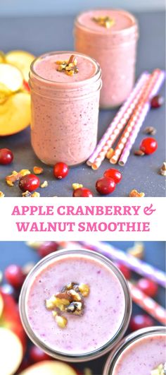 apple cranberry and walnut smoothie in mason jars