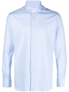 light blue stretch-design classic collar front button fastening long sleeves buttoned cuffs rear curved hem