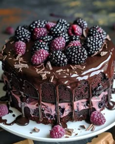 a chocolate cake with raspberries and chocolate frosting on a white platter