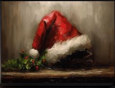 a painting of a santa hat on top of a wooden table with holly sprigs