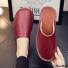 Olivia Mark - Genuine Leather Indoor Slippers with Wood Anti-Slip, Odor-resistant and Waterproof Soft Sole Comfortable Red Round Toe Slip-ons, Non-slip Solid Color Slip-on Slippers, Slip-resistant Slip-on Outdoor Slippers, Red Slip-ons With Rubber Sole And Round Toe, Leather Non-slip Closed Toe Slip-ons, Comfortable Red Slip-ons, Slip-resistant Round Toe Slippers For Outdoor, Red Leather Round Toe Slippers, Non-slip Leather Slip-on Slippers