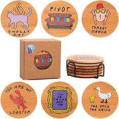 four wooden coasters with different designs and words on them, including a dog, cat, duck, lobster, pigot, turkey dance