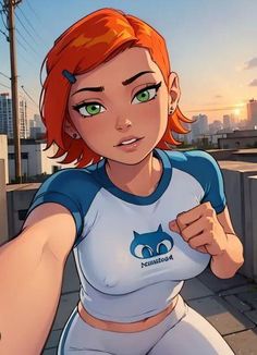 an animated woman with red hair and green eyes