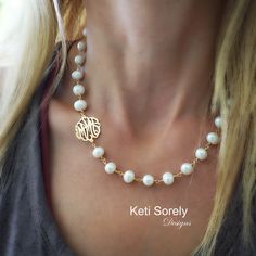 "This beautiful, freshwater pearl necklace will be featuring your script initials in pretty script font. Great personalized git for wedding, Mother's day, formal dress or just a personal keepsake. Designs by Keti Sorely.  Pearl color: white Creation method: cultured Pearl size: 8 mm round Monogram size: optional from 1/2\" or 3/4\" Chain length - optional from 14\" to 18\" ---------Longer chain---- Please see this link to order longer chain: https://www.etsy.com/listing/157028013/chain-extension Freshwater Pearl Necklaces, Pearl Color, Wedding Jewellery Necklace, Pearl Size, White Rose Gold, Initial Charm, Monogram Initials, Cultured Pearls, Wedding Necklace