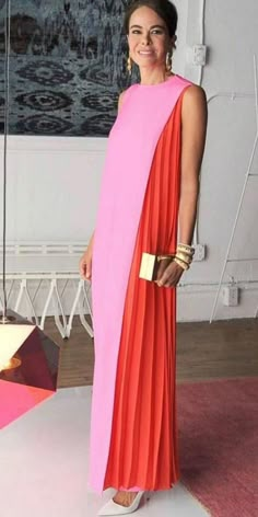 Chic Pink Maxi Dress For Banquet, Red Color Block Party Dress, Summer Evening Color Block Dress, Elegant Color Block Party Dress, Orange Color Block Party Dress, Pink Color Block Maxi Dress, Elegant Evening Color Block Dress, Elegant Color Block Evening Dress, Pink Sleeveless Color Block Maxi Dress