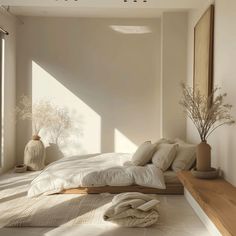 a bed sitting in the middle of a bedroom next to a wooden shelf and window