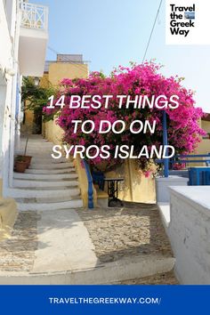 A whitewashed alley with bougainvilleas on Syros Island Greece Greek Getaway, Greece Party, Syros Island, Syros Greece, Greek Summer, Greece Summer