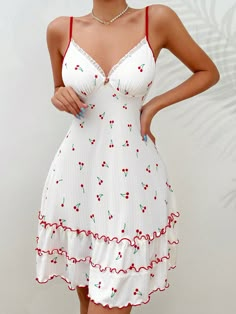 Cherry Print Lace Trim Ruffle Hem Cami Pajama Nightdress White Casual-Young  Sleeveless Knitted Fabric Fruit&Vegetable Slip Dress Medium Stretch All,Spring/Summer Women Sleep & Lounge, size features are:Bust: ,Length: ,Sleeve Length: Women Nightwear Dresses, Night Wear Dress, Backless Slip Dress, Nightwear Dress, Cami Slip Dress, Cherry Dress, Lace Trim Cami, Night Dress For Women, Girly Dresses