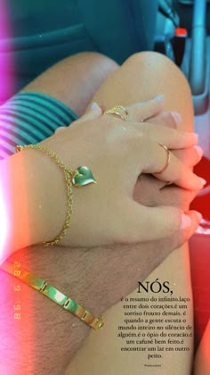 a woman wearing gold bracelets and rings on her arm with the words, no 3