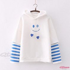 Qteee - Chic Smiling Face Print Striped Sleeve Plush Hoodie Playful Streetwear Hoodie, Spring Kawaii Crew Neck Hoodie, Playful Hoodie Sweatshirt For Spring, Cute Blue Crew Neck Hoodie, Playful Blue Winter Sweatshirt, Playful Blue Hoodie With Long Sleeves, Playful White Hoodie For Streetwear, Playful White Hoodie With Drawstring Hood, Fun Long Sleeve Cotton Hoodie