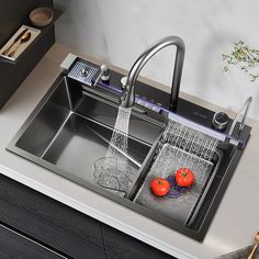 a kitchen sink with two red tomatoes in the middle and a faucet running over it