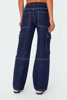 Cargo jeans Utility style pockets Stitch detailing Denim fabric 100% Cotton Model wears size S Model height is 5'9 Item care: Wash with similar color Wide Leg Cargo Jeans, Visionary Fashion, Jeans Pacsun, Utility Style, Swimwear Dress, Clean Look, Cargo Jeans, Back Patch, Contrast Stitch