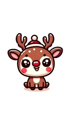 a cute little reindeer with big eyes and a hat on its head, sitting down