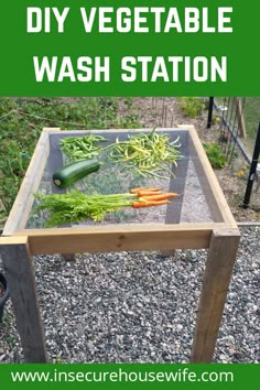 an outdoor vegetable wash station with carrots, zucchini and squash on it