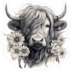 a bull with long horns and flowers on it's face is shown in black and white