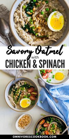 two bowls filled with chicken and spinach next to an egg on top of rice