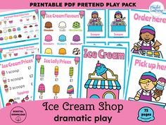 ice cream shop dramatic play pack for kids to practice the alphabet and number recognition skills