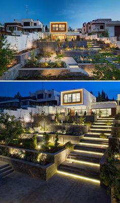 two photos side by side showing steps leading up to the house and down to the garden