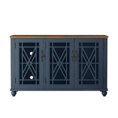 a blue cabinet with three doors and two drawers