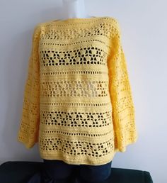 "Lemon Yellow Crochet jumper long sleeve top  crochet sweater Yellow Sweater Womens Jumper Gift for her Gift for women This hand knit  top is loose fitting, Crochet lace design, trendy and  eye-catching will goes well with skirts or trousers  Size:  12 - 14  UK           40 - 42 EU              8 - 10 US Measurements:-  Bust across 44\"                         Full Length 33\"              Wash Care: Machine wash 30o Do not bleach Cool Iron Can be dry clean" Fall Long Sleeve Pointelle Knit Crochet Top, Long Sleeve Pointelle Crochet Top, Long Sleeve Pointelle Knit Crochet Top, Casual Crochet Lace Crew Neck Sweater, Fall Crochet Lace Crew Neck Sweater, Casual Crew Neck Sweater With Crochet Lace, Spring Long Sleeve Crochet Top, Casual Long Sleeve Crochet Sweater, Hand Knitted Long Sleeve Sweater For Spring