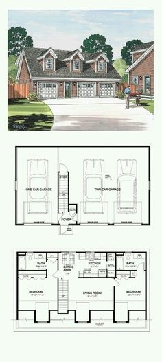 two story house plans with three car garages on each floor and an attached living area