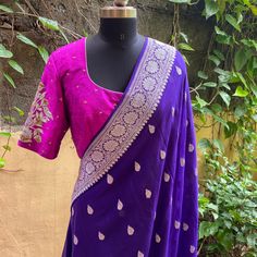 Pure Banarasi chiffon silk saree | traditional silk saree | sari with blouse set | silk sari with maggam blouse |silk mark sarees USA | purple silk saree with pink blouse | banarasi pure silk saree with hand embroidered blouse so bored of regular saree styles ? Then You really deserve to own this unique stylish saree look for your upcoming occassion that really makes you stand apart in crowd !! The blouse for this saree can be stitched to standard size according to our size chart or can be custo Purple Katan Silk Pre-draped Saree With Zari Work, Purple Dola Silk Pre-draped Saree With Self Design, Designer Purple Paithani Silk Dupatta, Purple Silk Pre-draped Saree With Zari Weaving, Purple Katan Silk Pre-draped Saree With Cutdana, Designer Purple Saree With Zari Weaving, Silk Blouse Piece With Zari Work In Purple, Designer Purple Banarasi Silk Traditional Wear, Purple Silk Blouse Piece With Zari Work