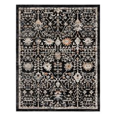 a black and white rug with an intricate design