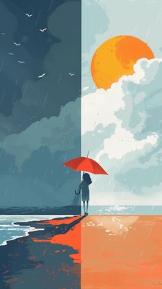 a person with an umbrella standing on the beach in the rain and looking out at the ocean