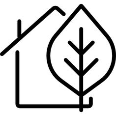 a house with a tree in the front and an arrow on the side, as well as