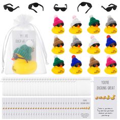 the rubber ducks are wearing knitted hats and beanies with ear tags on them