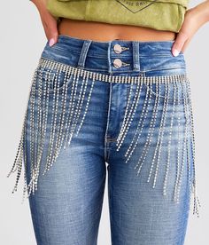 BKE Glitz Fringe Belt - Silver L/XL, Women's Silver Rhinestone adjustable chain belt. WOMEN'S BELT SIZE CONVERSION CHART Jean Size 23-24 25-26 27-28 29-30 31-32 Belt Size XS S M L XL Belt Length** 34 37 40 43 46 *Conversion sizes may vary. **Measures from end to end excluding the buckle. These are general guidelines and sizing is dependent on belt being worn at natural waistline or the hip. Apparel & Accessories Chain Belts For Women, White High Knee Boots, Fringe Leather Belt, Bach Themes, Fringe Tshirt, Fringe Belt, High Knee Boots, Vintage Disco, Tassel Belt