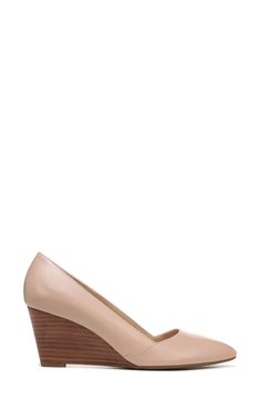 An elegant pointed-toe silhouette sits atop a comfortable stacked wedge heel that pairs easily with both casual or more styled-up outfits. 2 1/2" heel Stacked wedge heel Leather upper/synthetic lining and sole Imported Wedge Pump, Comfortable Wedges, Wedge Pumps, Leather Wedges, Franco Sarto, Wedge Heels, Leather Upper, Wedges, Ballet