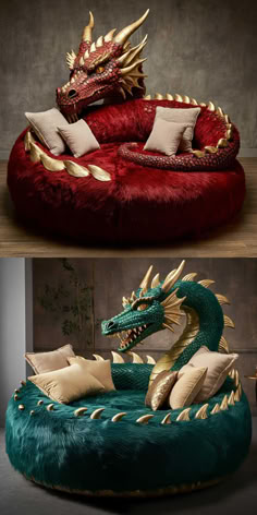 two pictures of the same dragon bed, one in red and one in teal