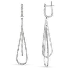 Alluring and on-trend, these diamond drop earrings make creating a chic look easy. Created in white gold, each earring features a pair of elongated pear-shaped dangles - shimmering with pave-lined diamonds - in a clever interlocked look. Radiant with 1.88ct. t.w. of diamonds and a brilliant buffed luster, these earrings secure with diamond-adorned English lock backs.
1.88 Carat diamond earrings

The earring design can be customized to suit your particular taste & budget with any Si Modern Teardrop Diamond Earrings For Evening, Modern Pear-shaped Diamond Earrings, Modern Diamond Pear-shaped Earrings, Luxury Pear-shaped Diamond Earrings With Pave Setting, Luxury White Drop Linear Earrings, White Gold Dangle Diamond Earrings With Pave Setting, White Gold Pave Setting Dangle Earrings, Luxury Pave Setting Drop Earrings Jewelry, Luxury Diamond White Linear Drop Earrings