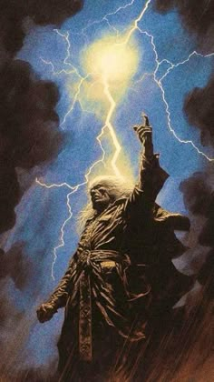 a painting of a man holding a lightening bolt in the sky with clouds and lightning behind him