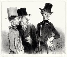 an old drawing of two men with top hats and canes talking to each other