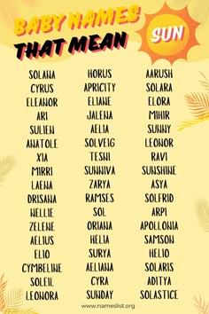 the baby names that mean in spanish are shown on a yellow background with palm leaves