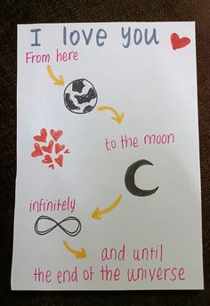 a handmade card with the words i love you from here to the moon and end of the universe