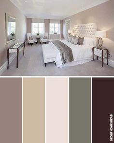 a bedroom with neutrals and browns in the color scheme, along with white furniture