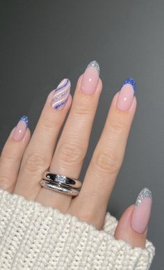 Wispy Nail Designs, Winter Themed Nails Simple, Winter Nail Ideas Purple, Blue Christmas Nails 2023, Short Navy Blue Nails Acrylic, Christmas Nails Almond Blue, Blue New Year Nails, Christmas Short Almond Nails, Christmas And New Year Nails Acrylic