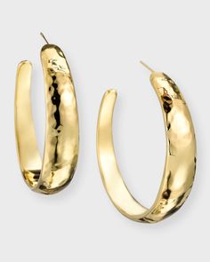 Ippolita hoop earrings with tapered ends    Approx. 2.32"L    Hammered 18karat yellow gold    For pierced ears    Made in Italy Ippolita Jewelry, Thick Hoop Earrings, Hammered Jewelry, Hammered Bangles, Hammered Hoop Earrings, 18k Gold Earrings, Large Hoop Earrings, Earrings In Gold, Chic Jewelry