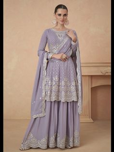 Lavender Heavy Chinon Sharara Suit 194125 Pakistani Sharara Suit, Pakistani Sharara, Gharara Suits, Desi Fits, Desi Outfits, Palazzo Suit, Fancy Jewellery Designs, Pakistani Fancy Dresses, Sharara Suit