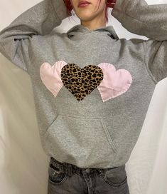 Handmade pink and leopard heart hoodie, super trendy, perfect for going out and upcoming valentine's day! Patches Hoodie, Patchwork Hoodies, Pink And Leopard, Heart Patches, Heart Hoodie, Grey Hoodie, Casual Hoodie, Pink Heart