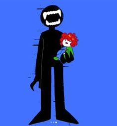 a cartoon character holding a flower with an evil grin on it's face and mouth