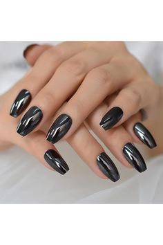 Cool Metallic Glossy Mirror Press On Nails Medium Length Coffin False Nails Women Girls Ballerina Nail Art Full Cover Reusable Fingernails Datechable Acrylic Manicure For Daily Dating Office Home Party (24pcs) Black Chrome Nails, Kiss Press On Nails, New Years Nail Designs, Medium Coffin, Nail Kits, Long Press On Nails, Short Coffin, Coffin Press On Nails, French Acrylic Nails