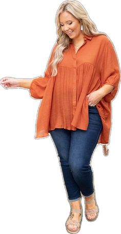 Fall Orange Blouse With Button Closure, Orange Button Closure Top For Fall, Fall Orange Tops With Button Closure, Fall Orange Top With Button Closure, Orange Button-up Blouse For Fall, Orange Tops For Fall Day Out, Oversized Long Sleeve Orange Blouse, Oversized Orange Long Sleeve Blouse, Flowy Brown Blouse For Fall