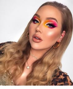 Pink And Yellow Makeup Looks, Pink And Yellow Makeup, Nikki Tutorials, Colourful Eyeshadow, Cut Crease Tutorial, Eyeshadow For Brown Eyes, Bright Makeup