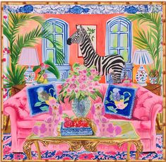 a painting of a zebra standing next to a pink couch and table with flowers on it