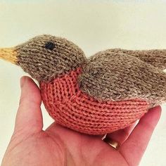 a small knitted bird sitting on top of a persons hand